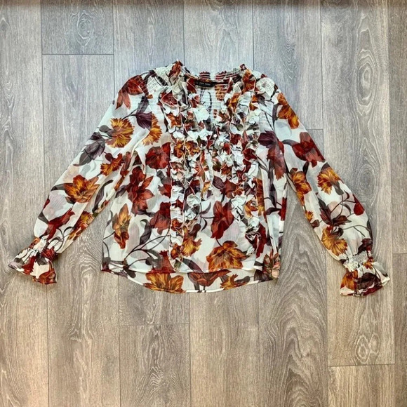Zara Women’s Blouse Fall Leaf Ruffle Long Sleeve Peasant Flutter Sleeve Sheer M - Picture 2 of 16